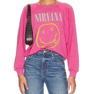 Daydreamer Nirvana Smiley Raglan Crew sweatshirt in pink cosmo